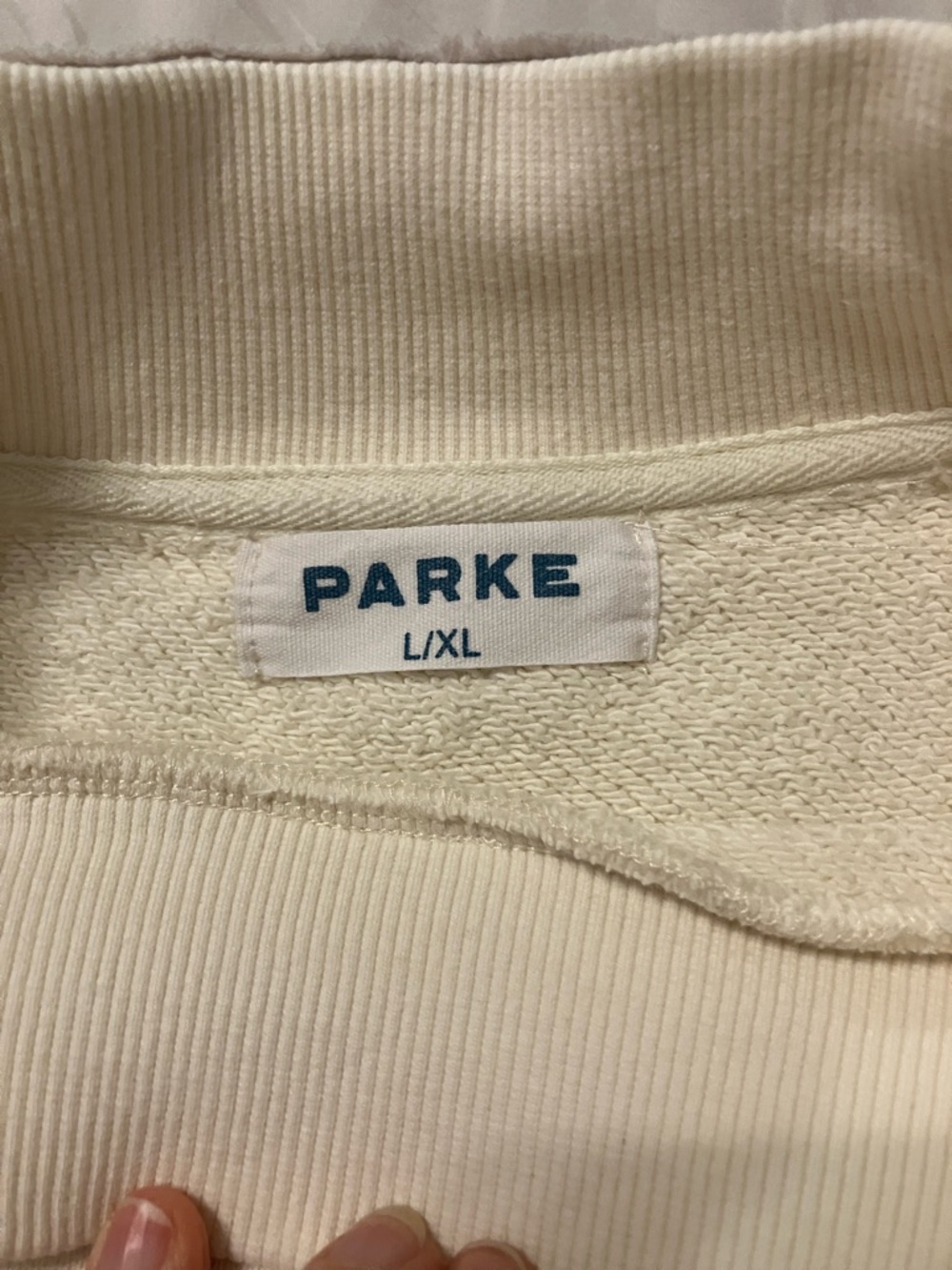 Parke L/XL Cream Heritage Varsity Mock Neck with Red Paisley/Bandana Letters - Picture 2 of 5